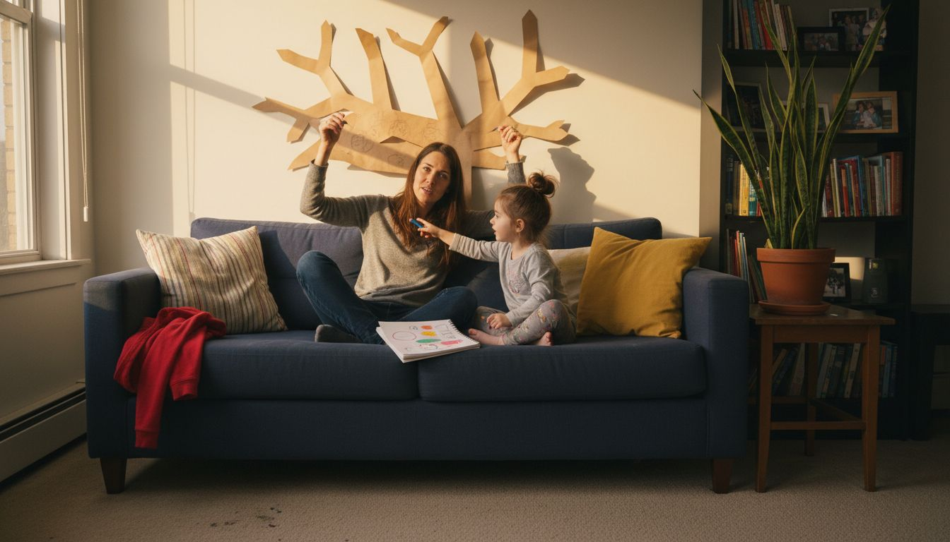 Mother measuring space above sofa for art