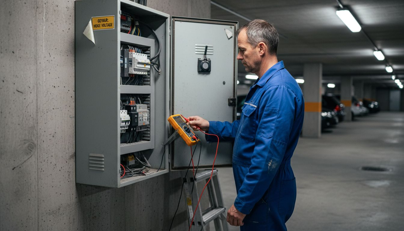Een monteur controleert of er te hoge spanning staat op de groepenkast.