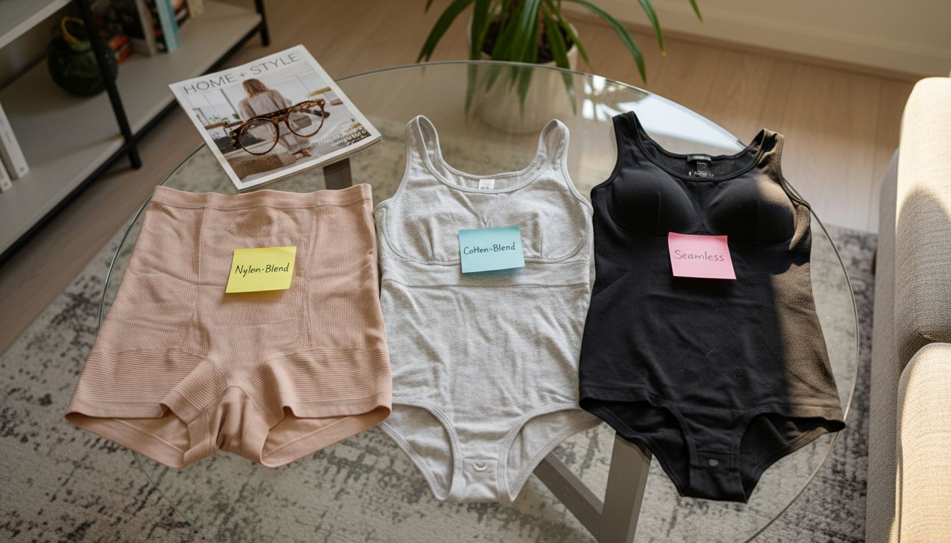 Different shapewear fabrics on coffee table