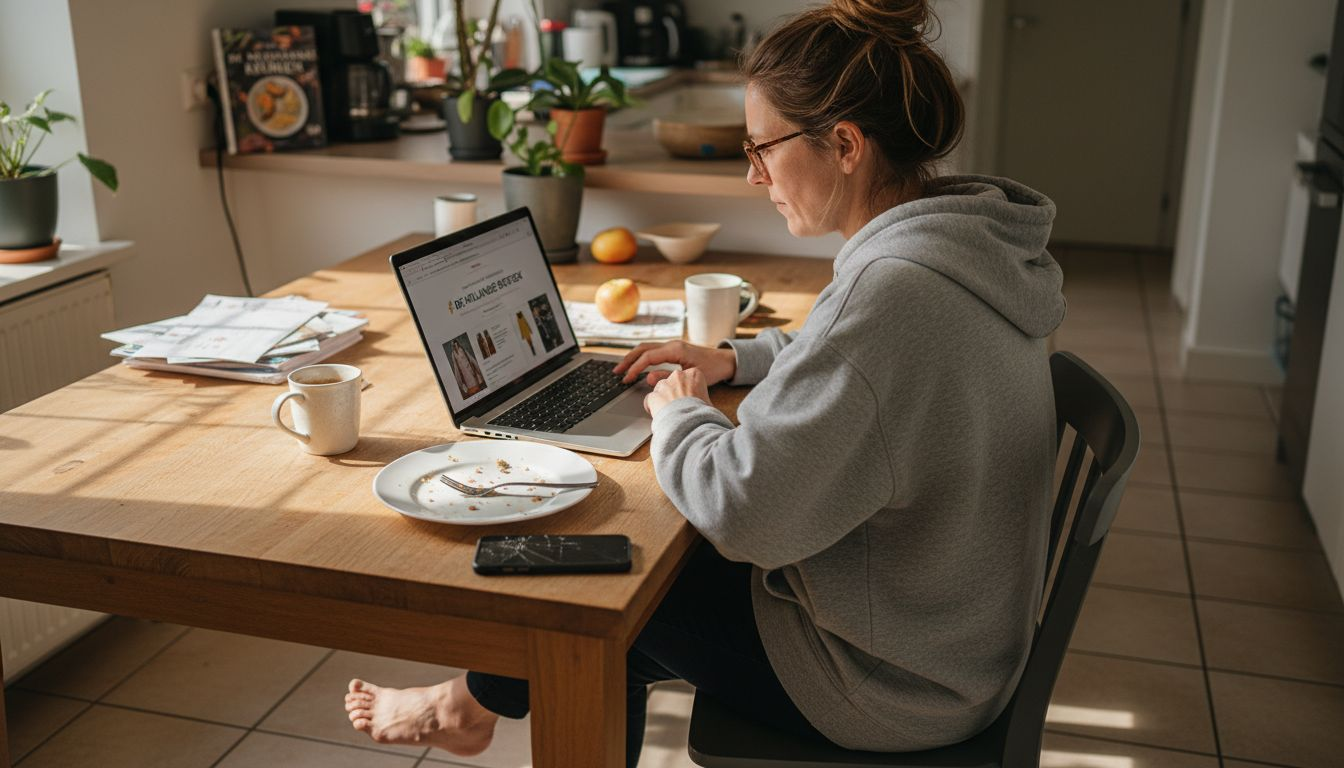 Een vrouw zit aan de keukentafel rustig online te shoppen.