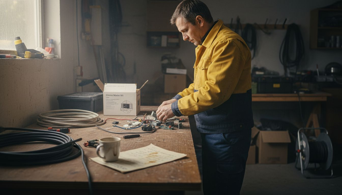 De elektricien maakt alle benodigdheden klaar voor de installatie van de slimme meter.