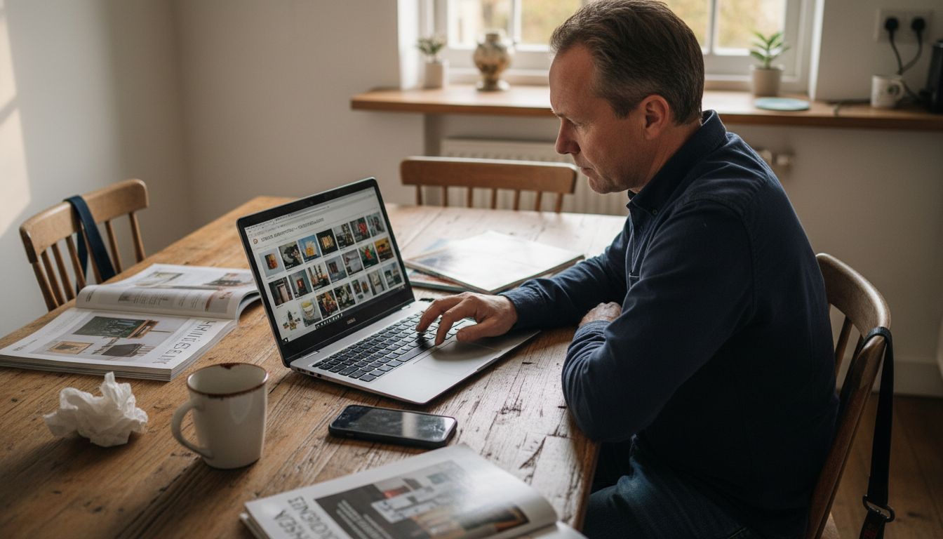 Een e-commerce ondernemer buigt zich aan tafel over verschillende advertentiebeelden om te bepalen welke het beste aansluiten bij zijn merk.