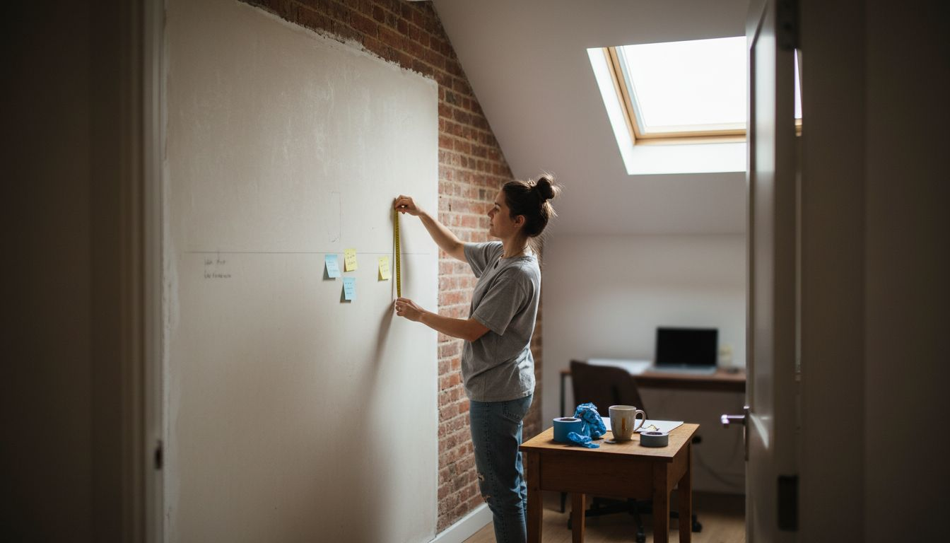 Woman measuring wall for large artwork