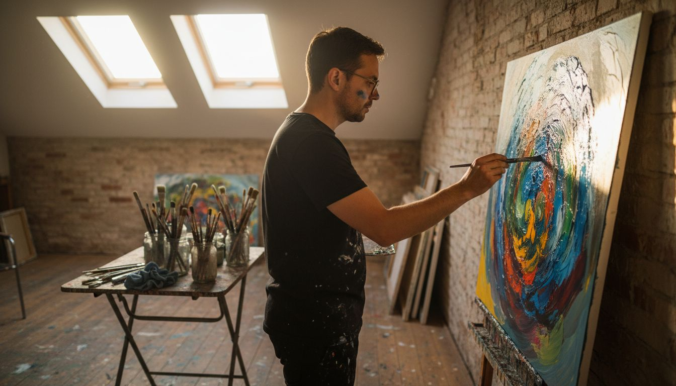 Artist creating large abstract canvas in studio