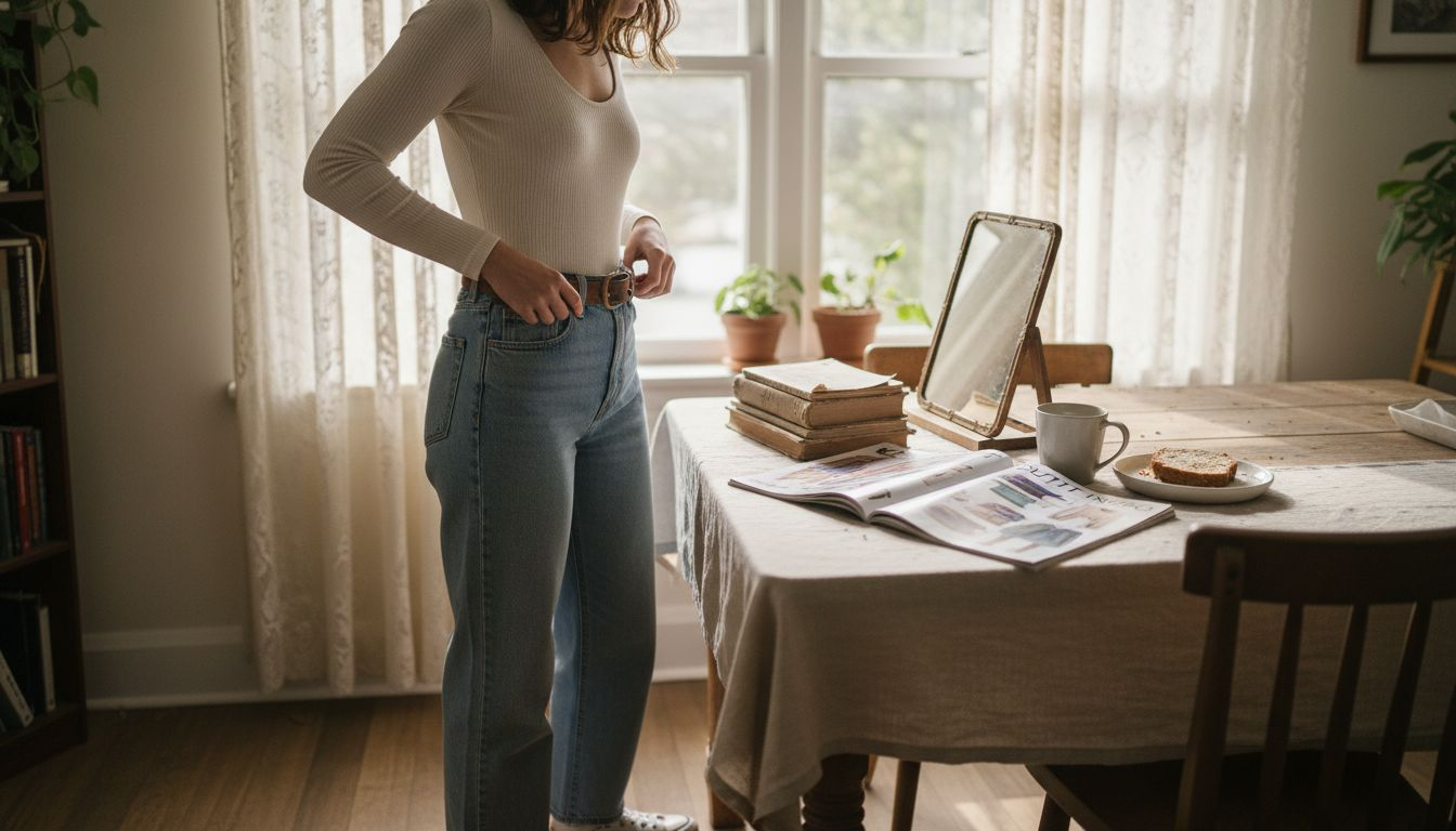 Woman pairing bodysuit with wide-leg jeans