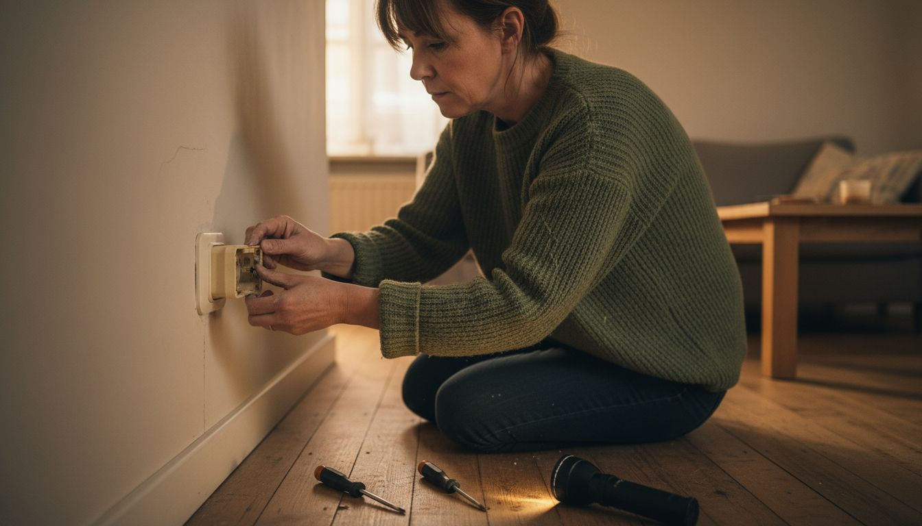 Vrouw bekijkt oude staat van het stopcontact