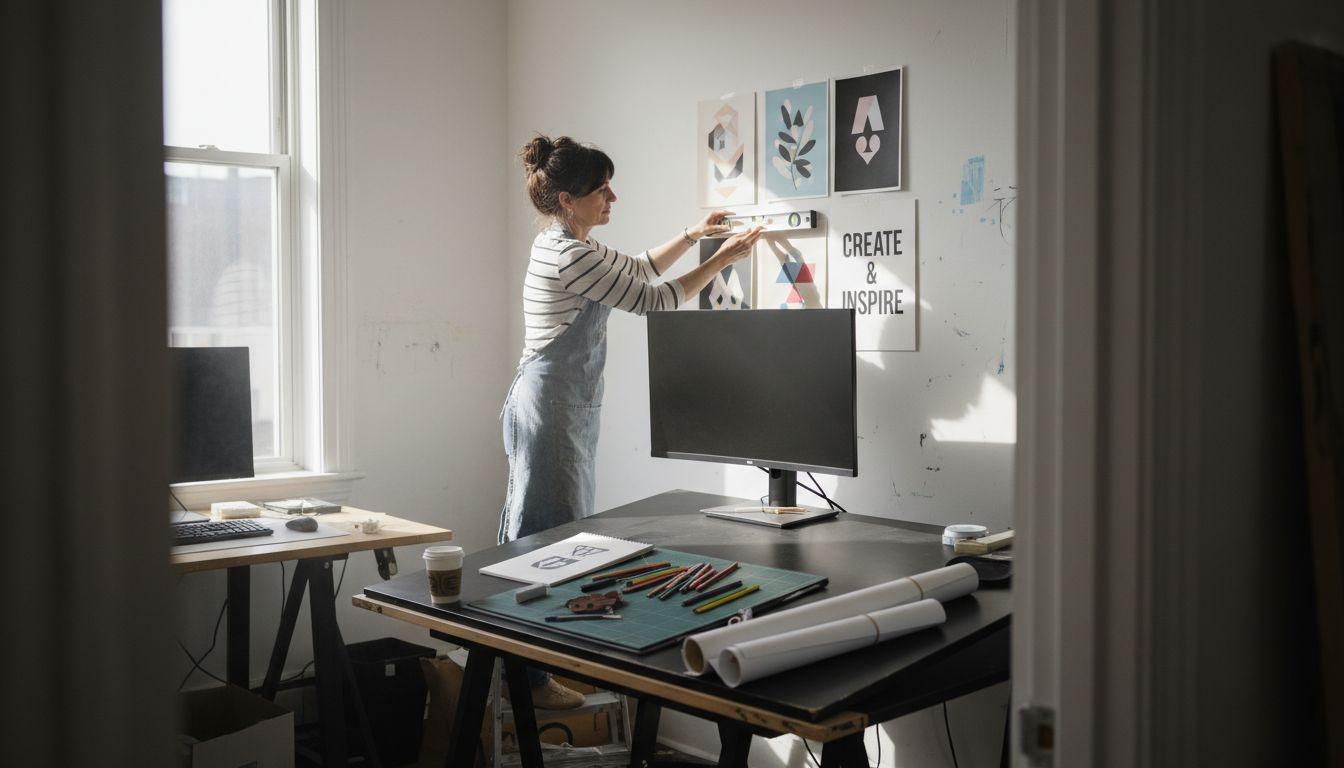 Designer displaying art prints workspace decor