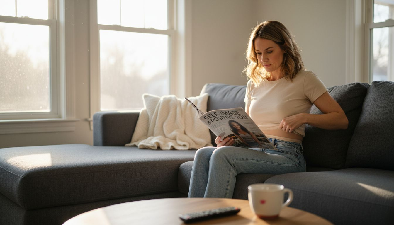 Woman reading about body positivity at home