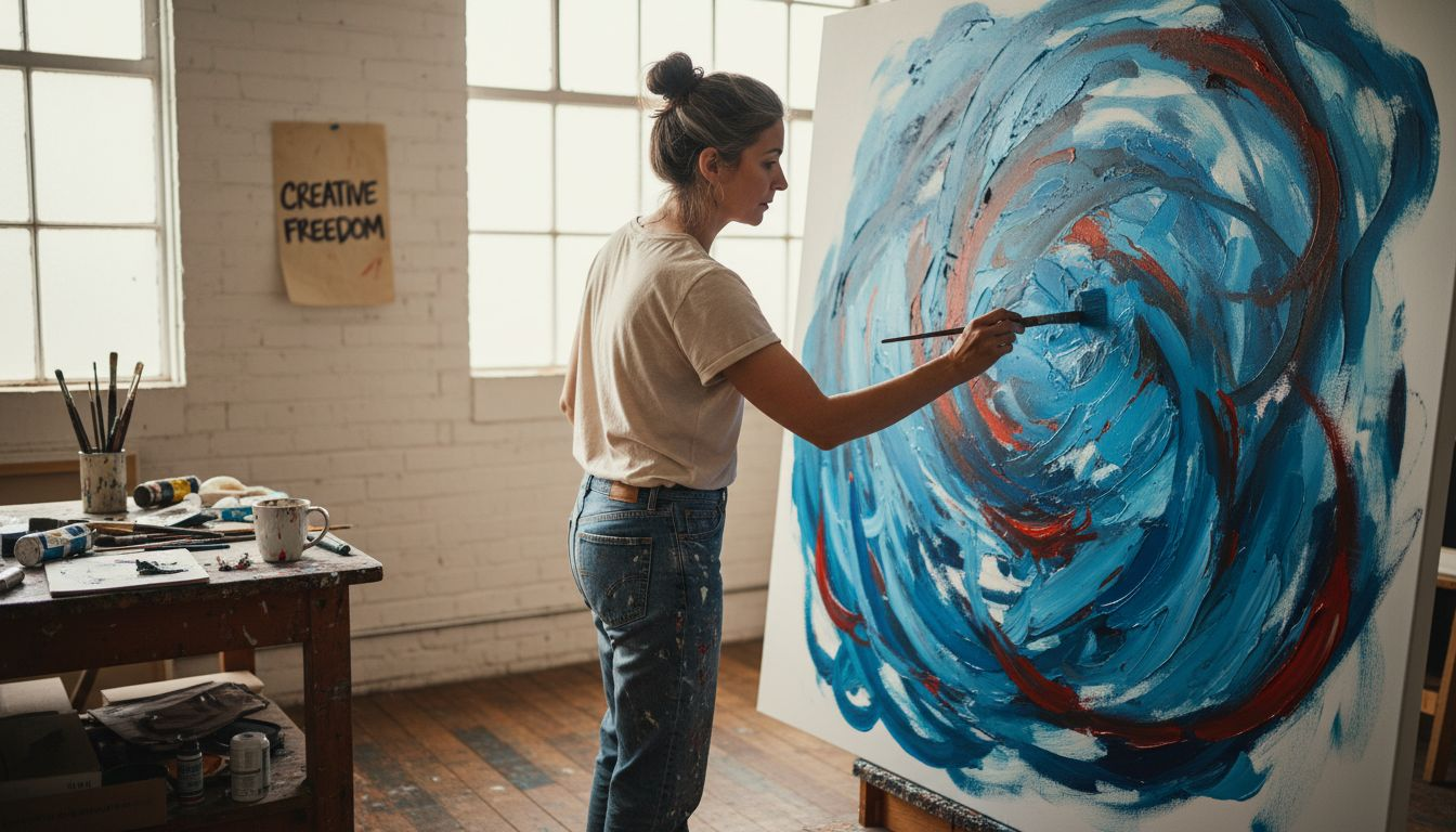 Artist painting on large floor-standing canvas