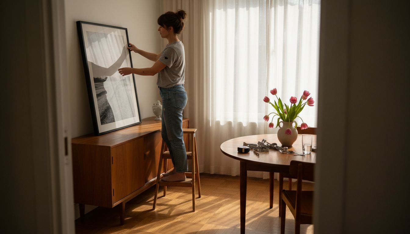 Designer hanging wall art in dining room