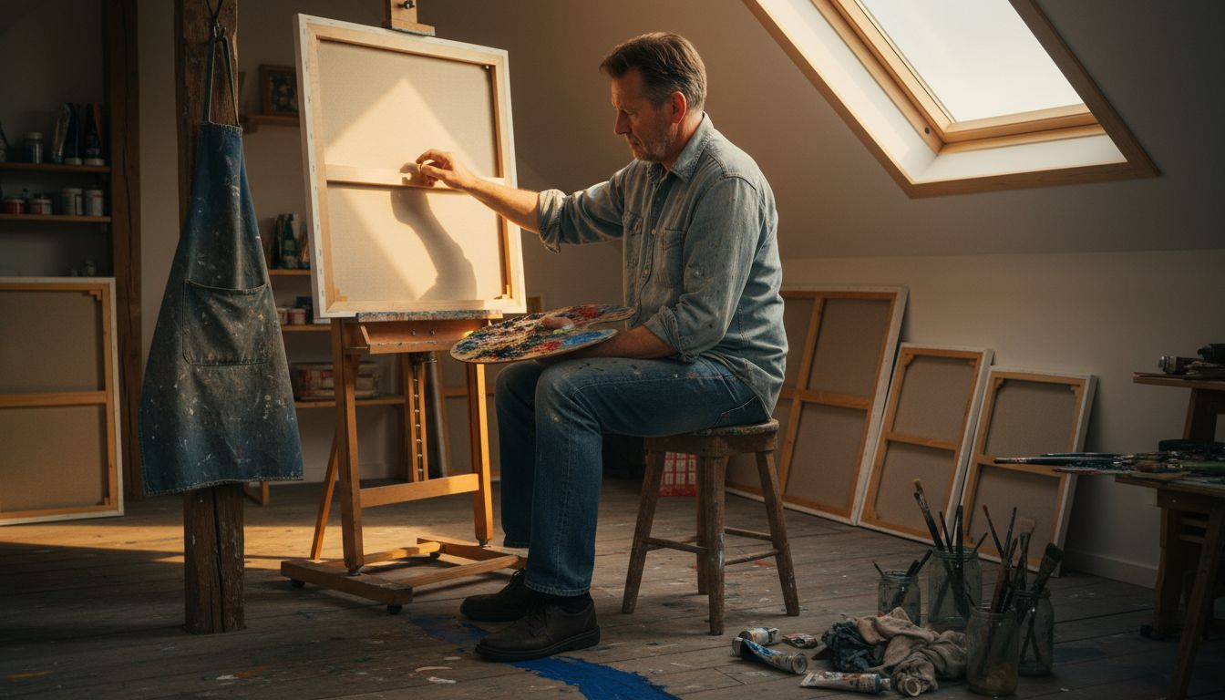 Artist painting in sunlit attic studio