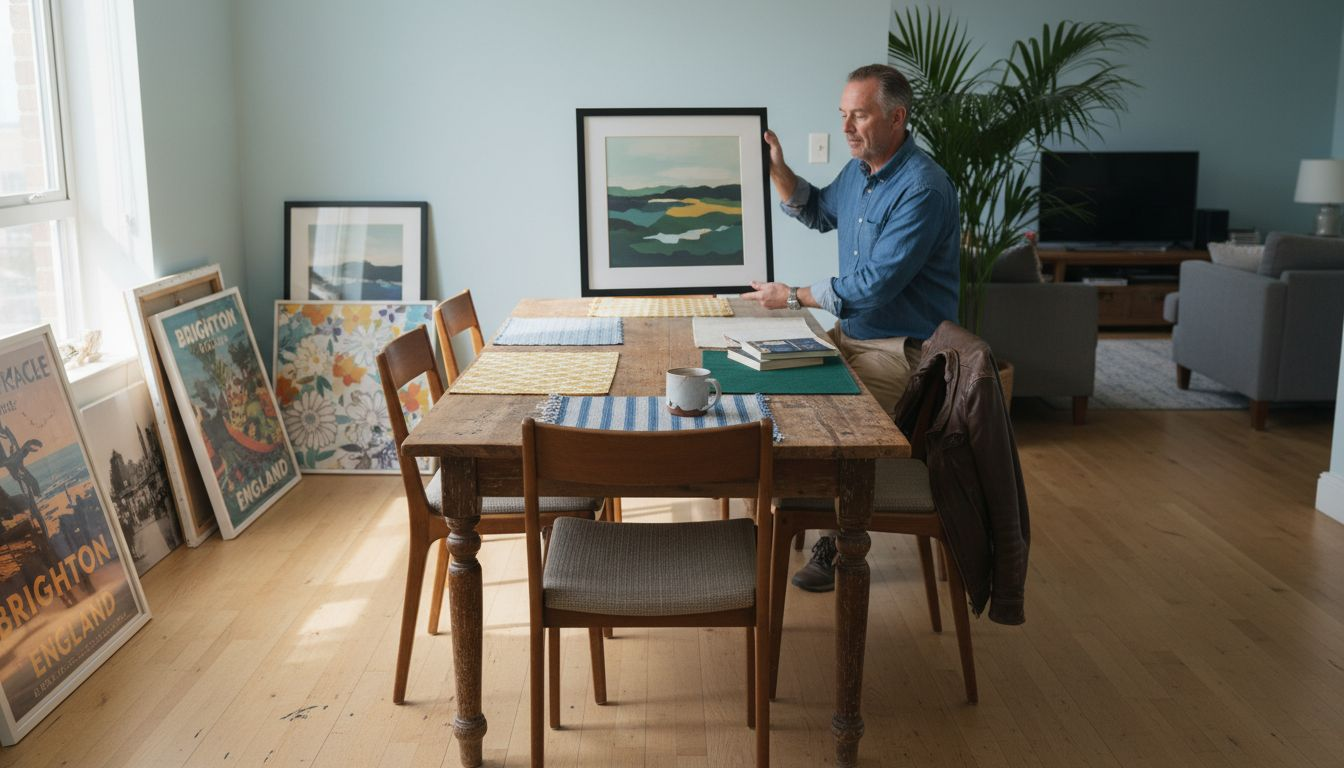 Man holding art frame in dining room