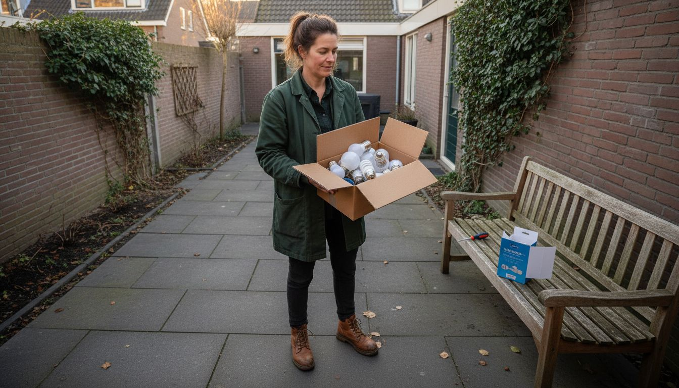 Een vrouw besluit om buiten energiezuinige verlichting te gebruiken.