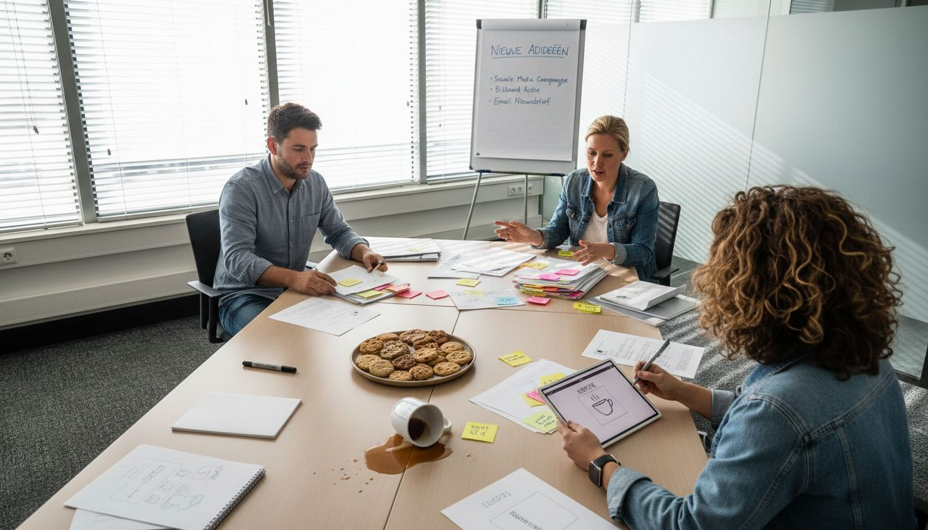 Het reclamebureau zit samen om creatieve campagneconcepten te bedenken.