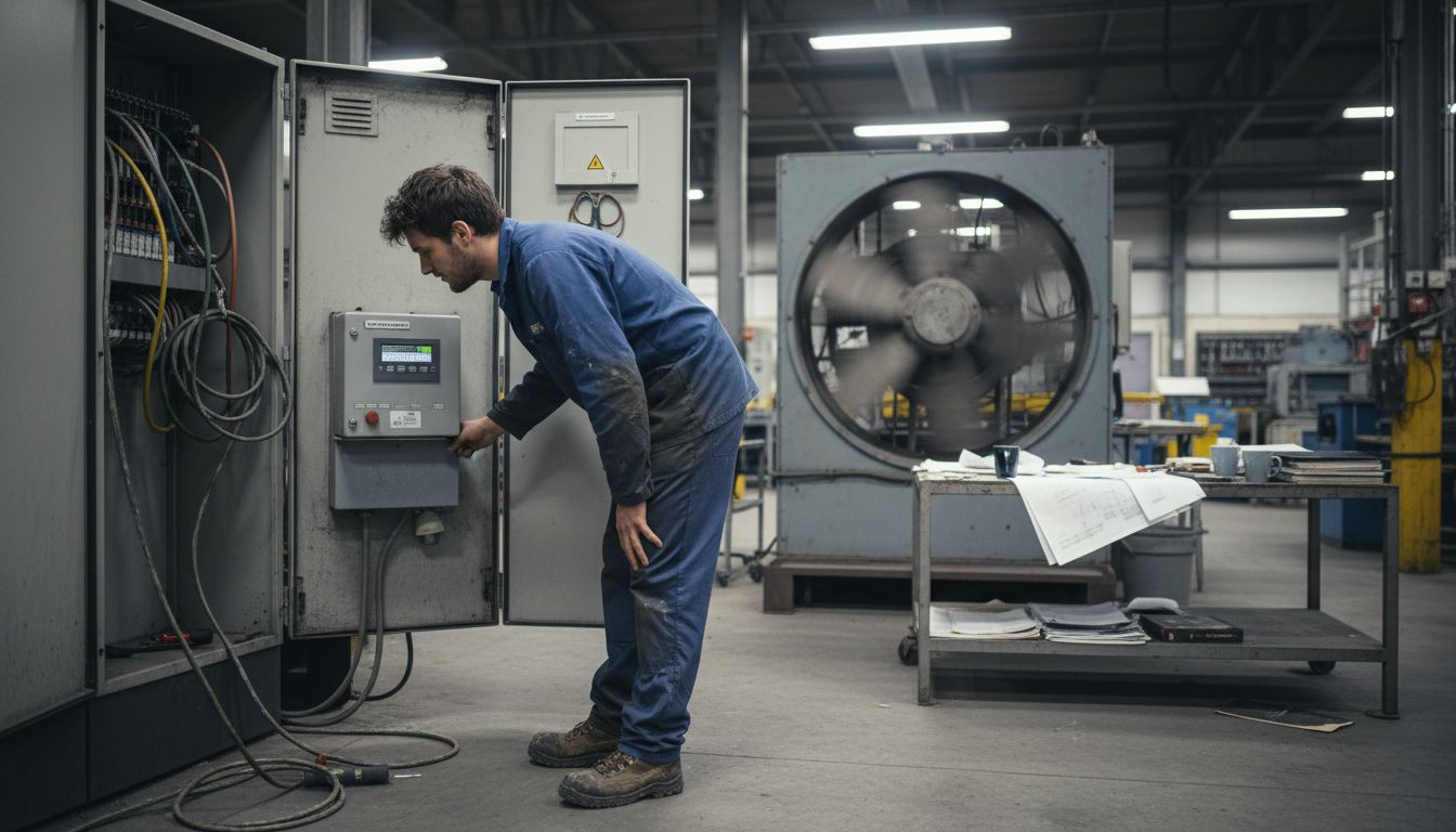 Een technicus voert een controle uit op de energiemeter in de fabriekshal.