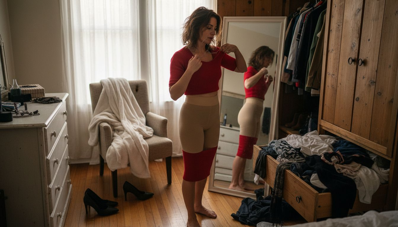 Woman checking silhouette in shapewear