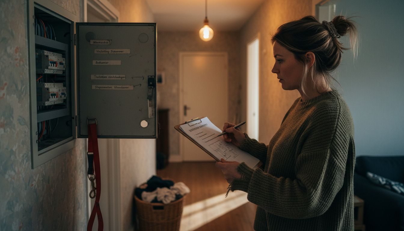 Een vrouw schrijft thuis de meterstanden op bij de meterkast.