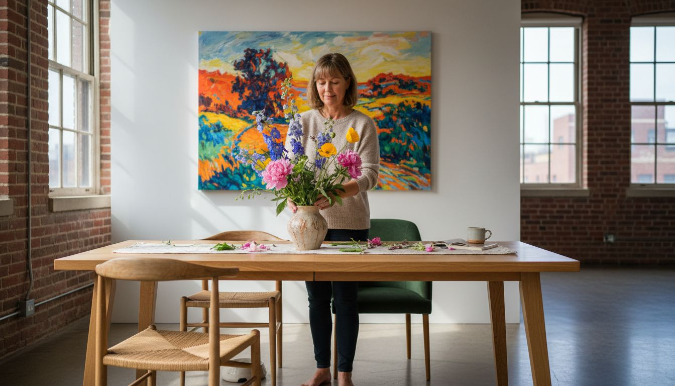 Woman decorating below modern wall art