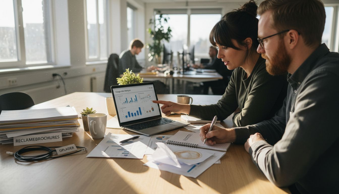 Het team buigt zich samen over de Google Ads-statistieken en bespreekt de resultaten.