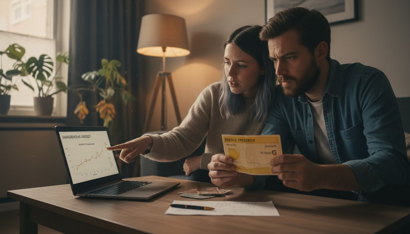 Het stel gaat in gesprek over hoe de energiezuinigheid van hun huis invloed heeft op de waarde van de woning.