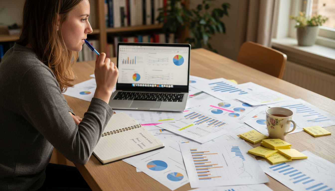 Een vrouw zit aan de eettafel thuis en verdiept zich in marktonderzoek.