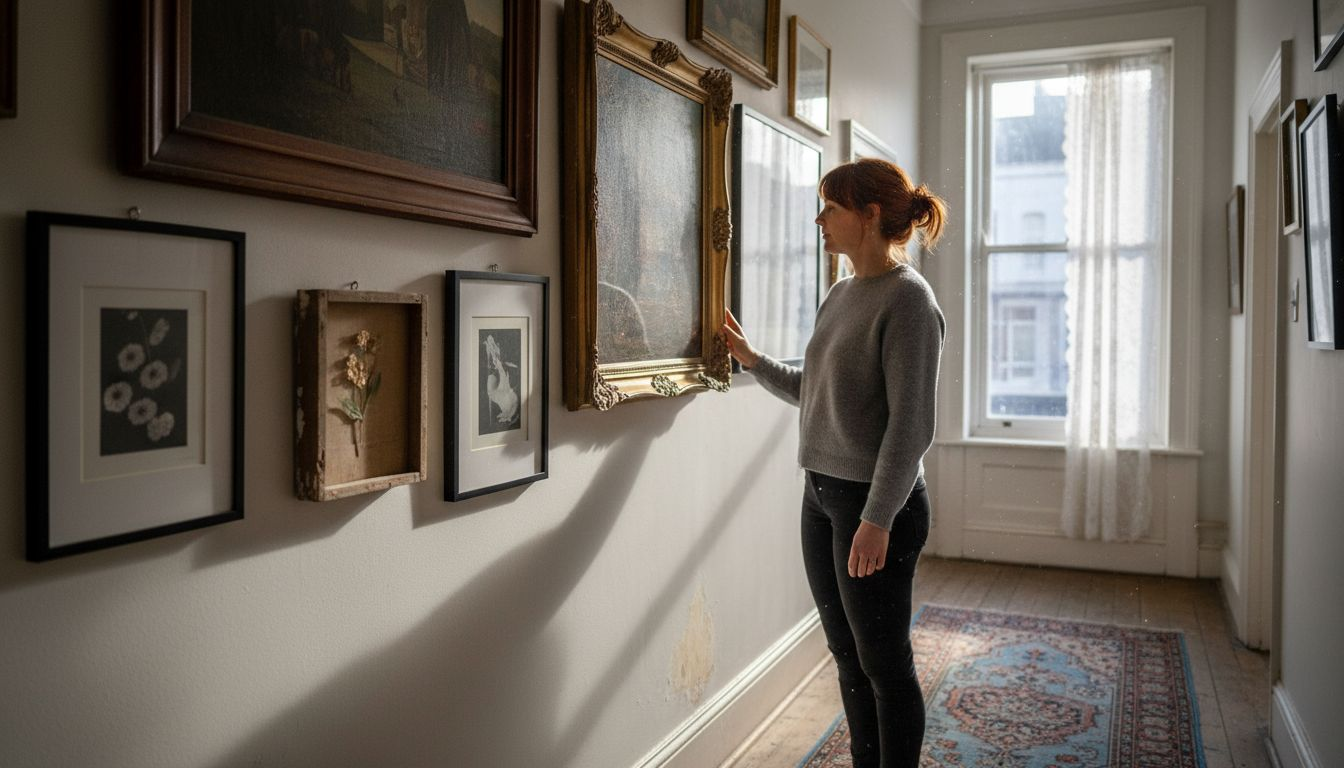 Woman inspecting varied framed prints at home