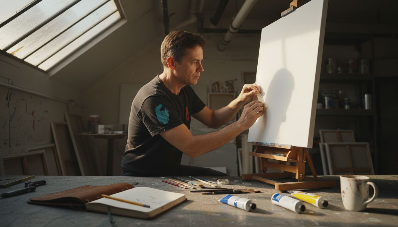 Artist prepping canvas in studio