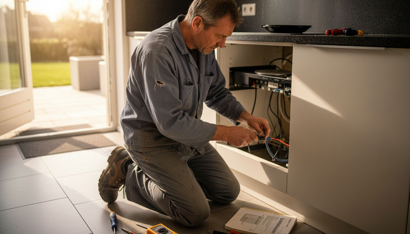 Een elektricien sluit een inductiekookplaat aan.