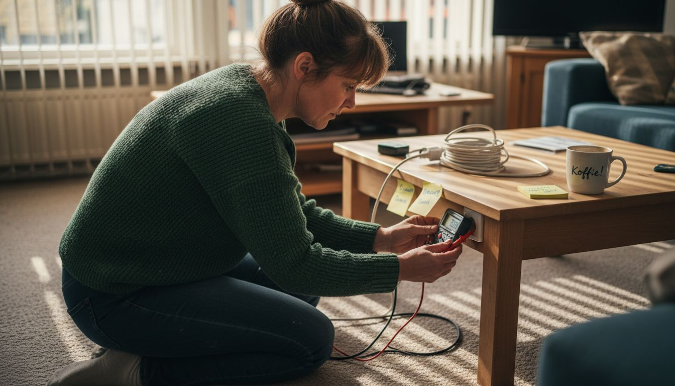 Een vrouw bekijkt het stopcontact in de woonkamer.