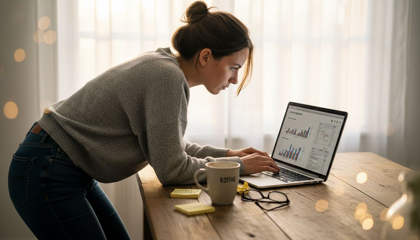 Een vrouw zit aan tafel en bekijkt haar Google Analytics gegevens, terwijl ze geconcentreerd de cijfers analyseert.