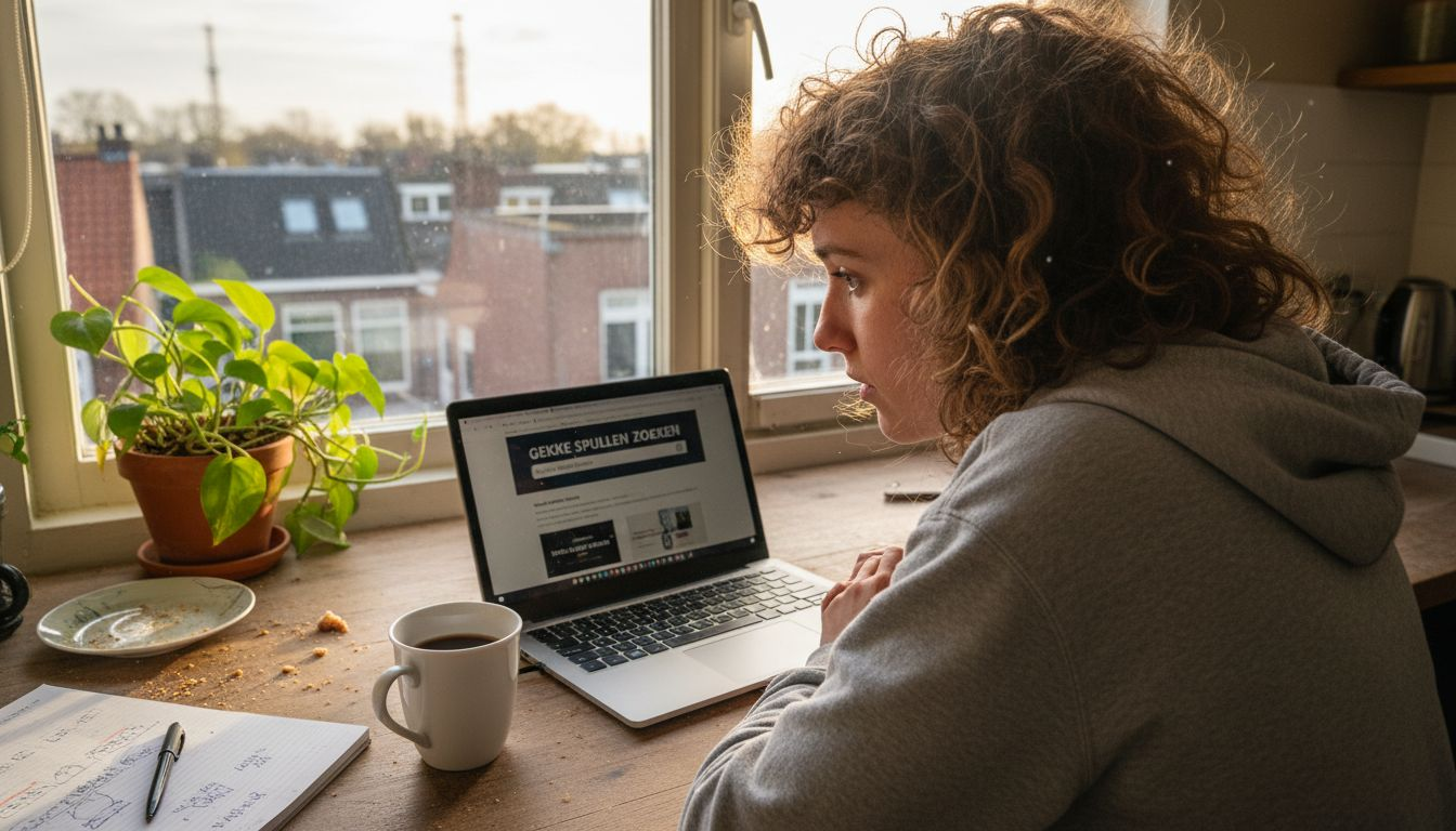 Een vrouw zoekt naar specifieke zoekwoorden terwijl ze aan het werk is in haar keuken.