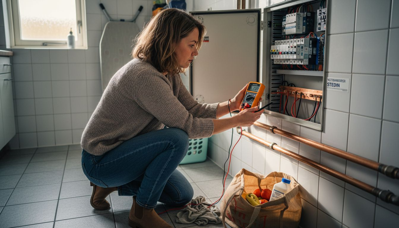Een vrouw controleert de aardingsklem met een multimeter.