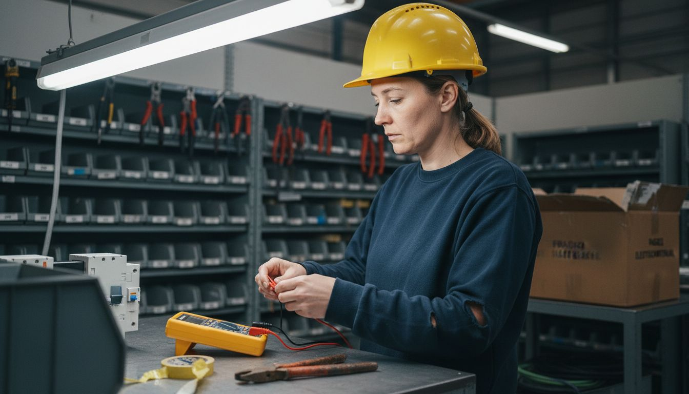 Een elektromonteur voert een controle uit op een industriële groepenkast.