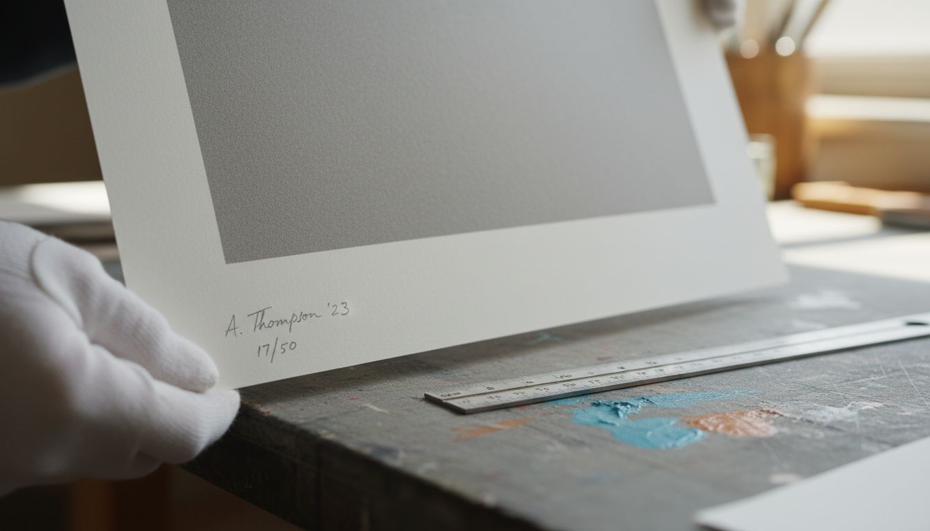 Detail van kunstenaar die een limited edition print signeert