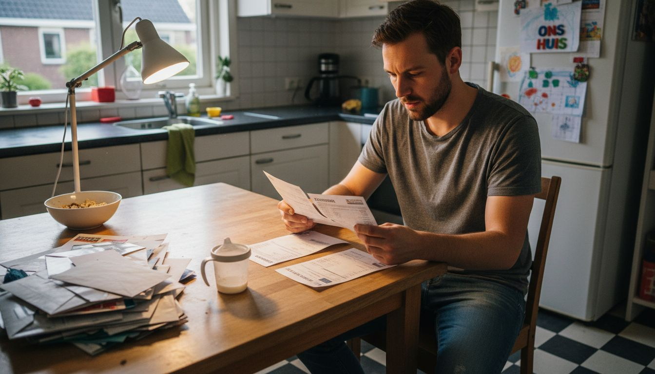 Een man bekijkt zijn rekeningen aan de eettafel, terwijl een LED-lamp boven hem brandt.