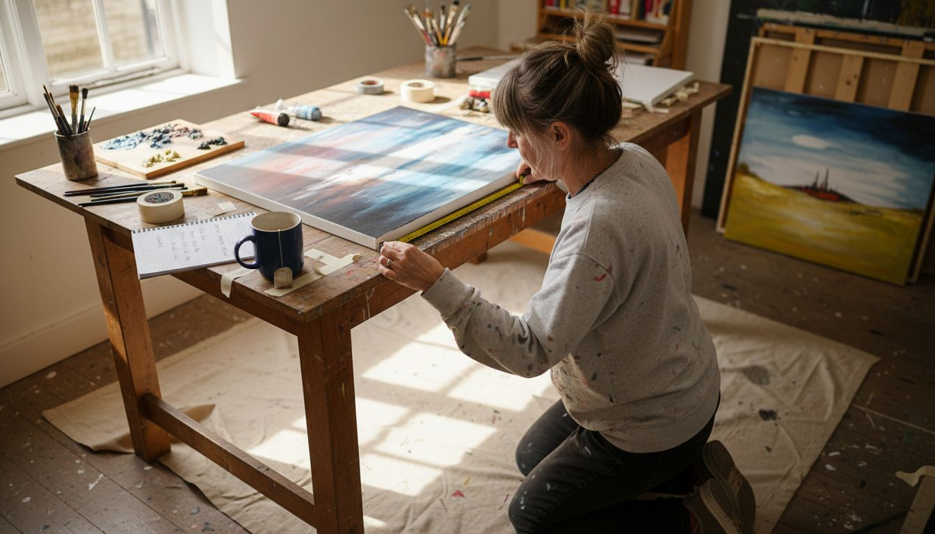 Woman measuring artwork at cluttered table