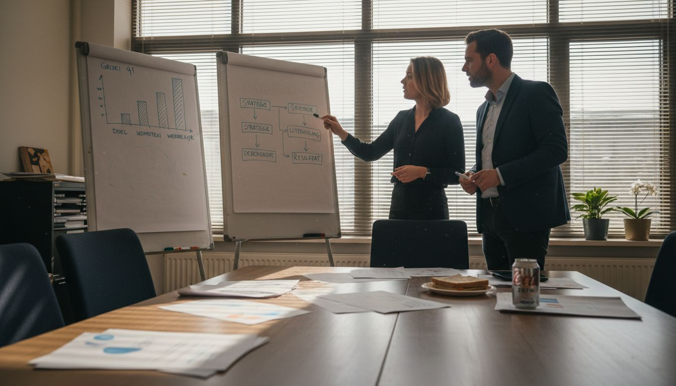 Het marketingteam bespreekt samen de resultaten van de campagne bij het whiteboard.