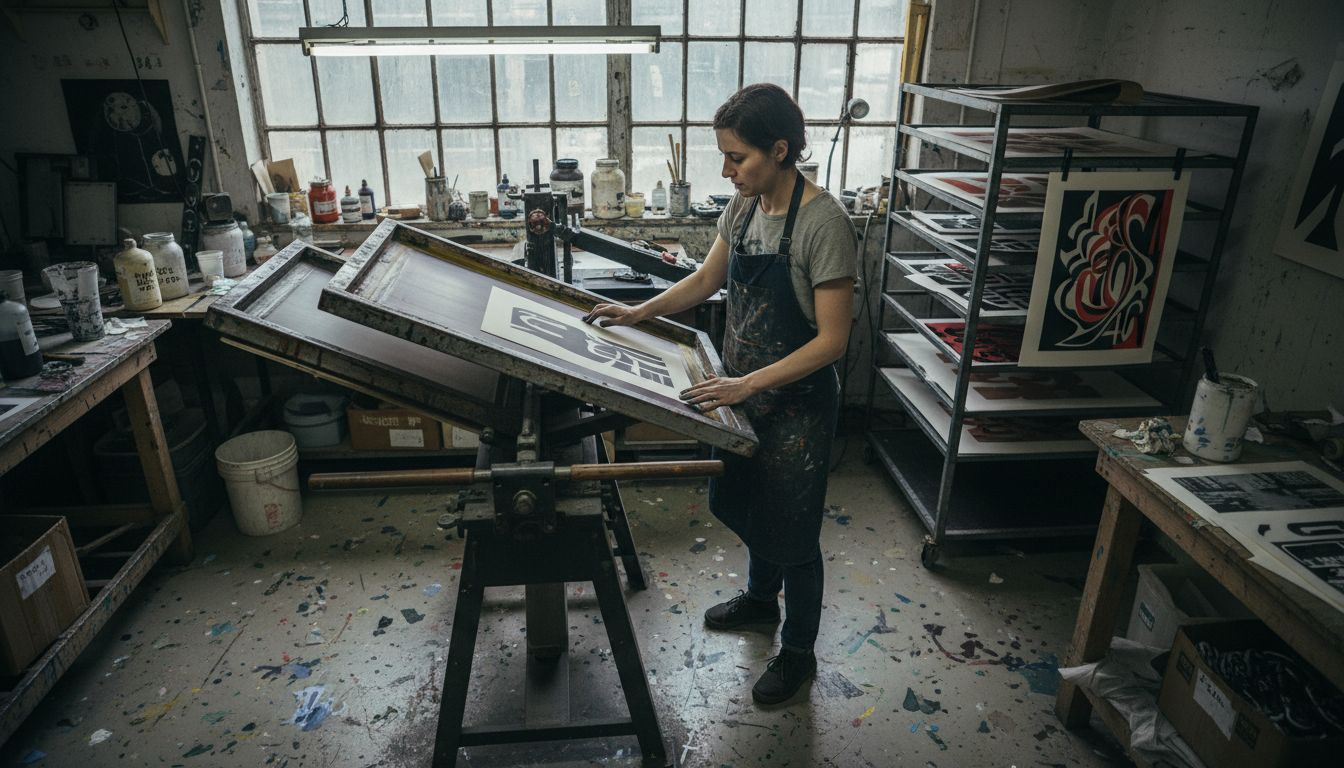 Artist preparing print in British studio