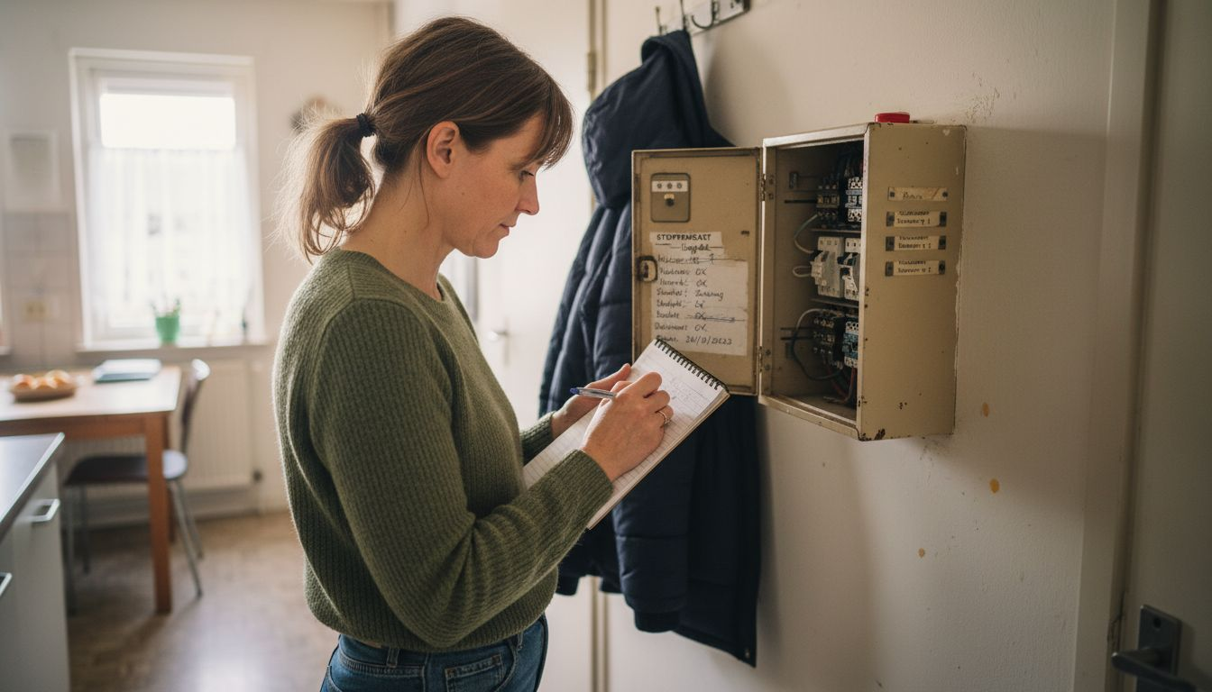 Vrouw maakt aantekeningen bij oude meterkast in huis