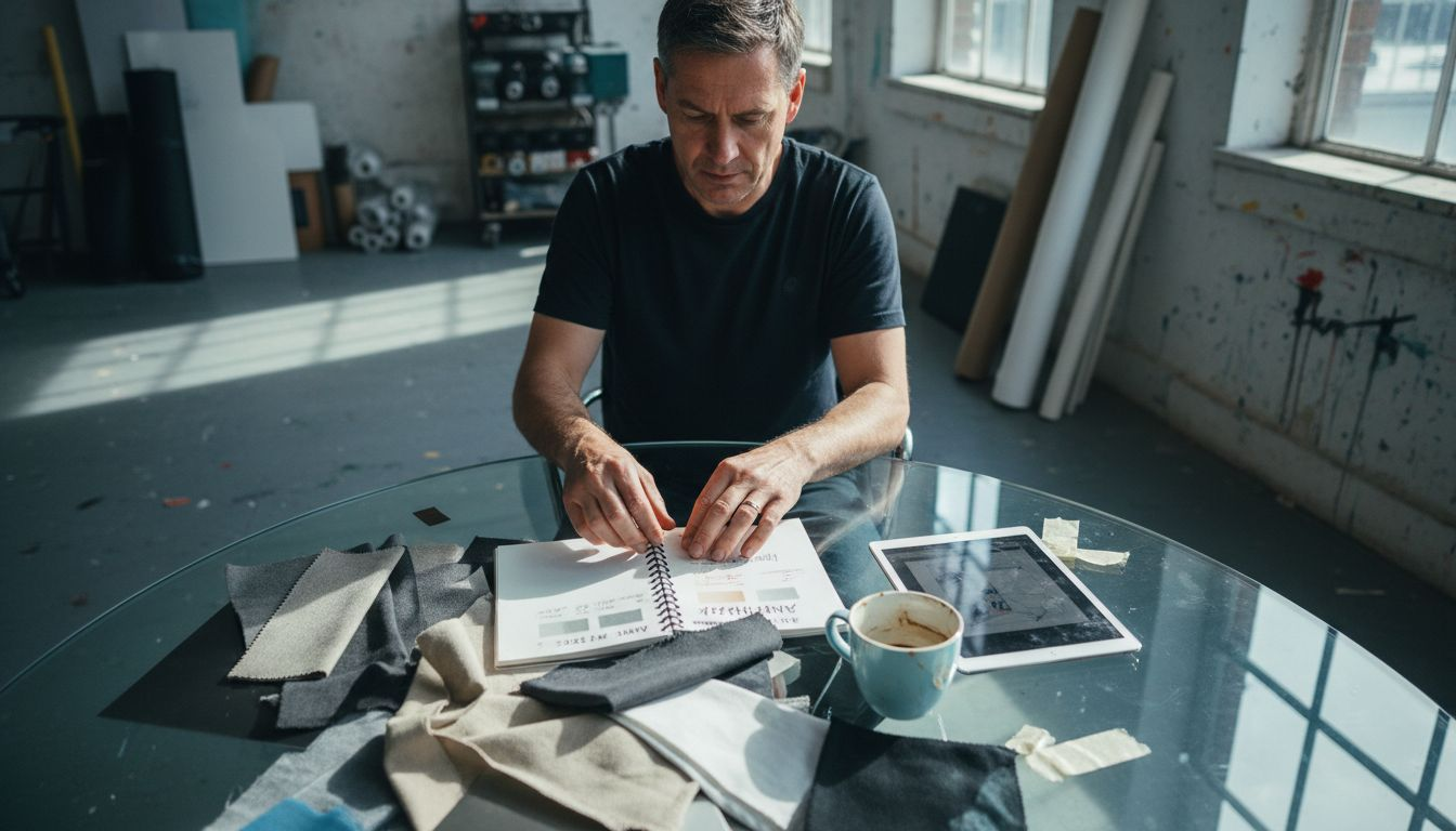 Designer sorting large art material samples