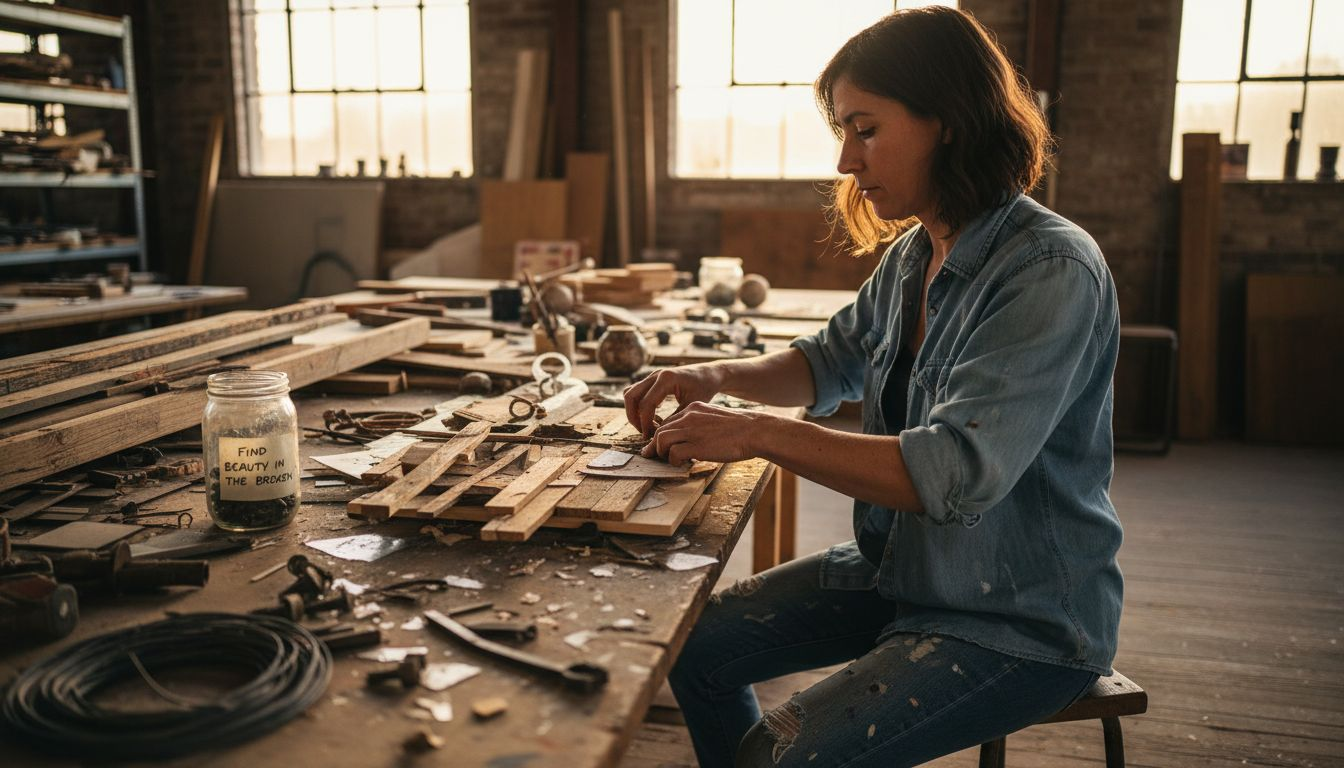 Artist creating wall art with reclaimed materials