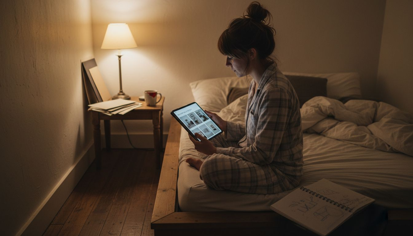 Woman planning wall art in bedroom