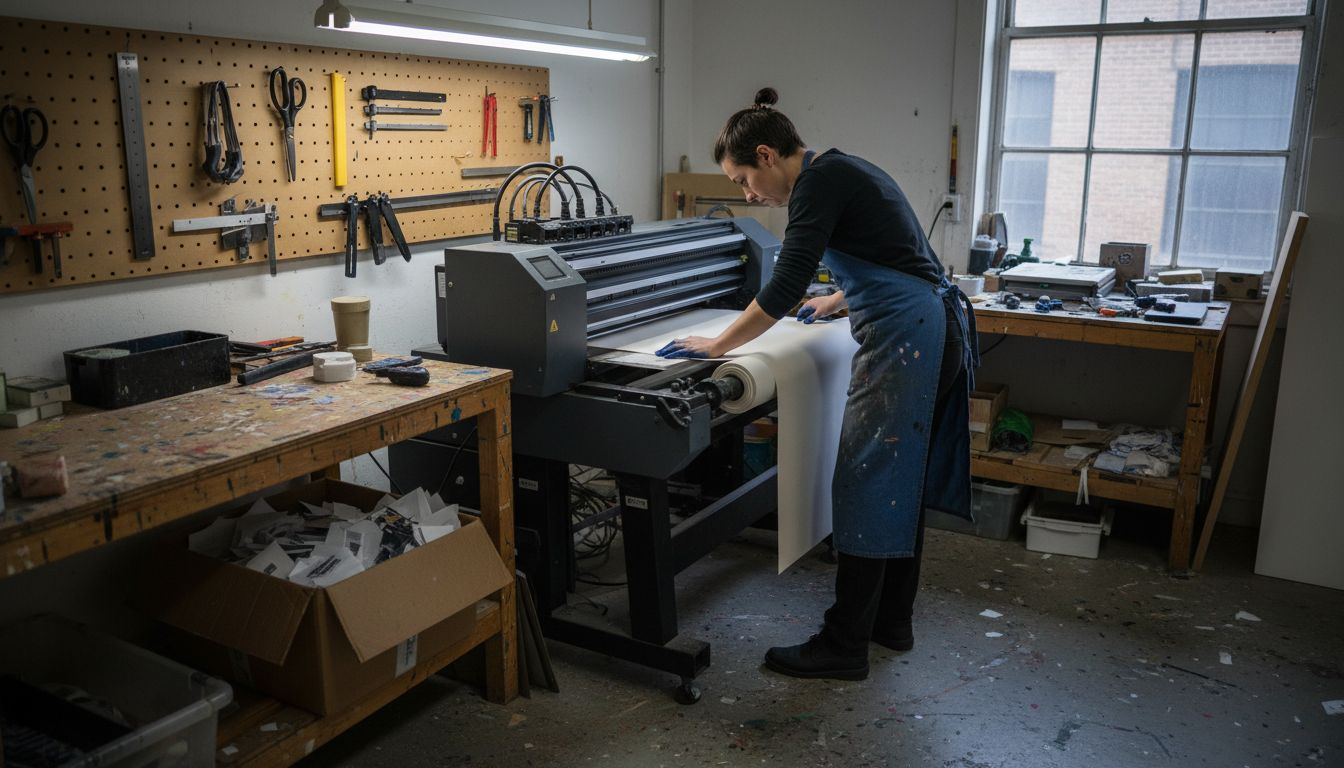 Printmaker checking giclée print in studio
