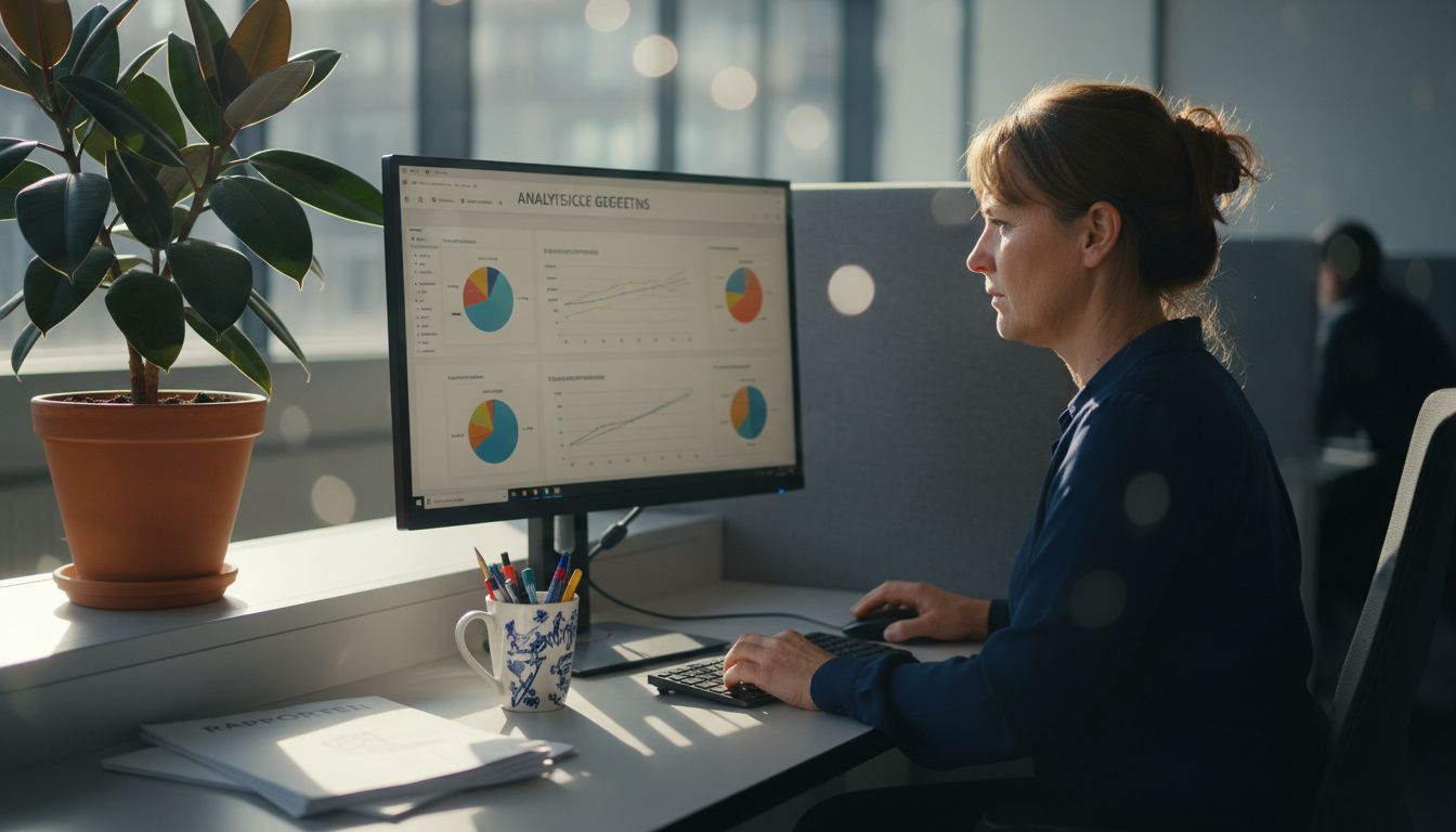 Een marketeer die op kantoor de nieuwste cijfers en statistieken analyseert.