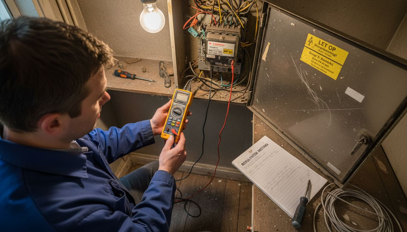 Een elektricien controleert de aardingsweerstand in de meterkast.