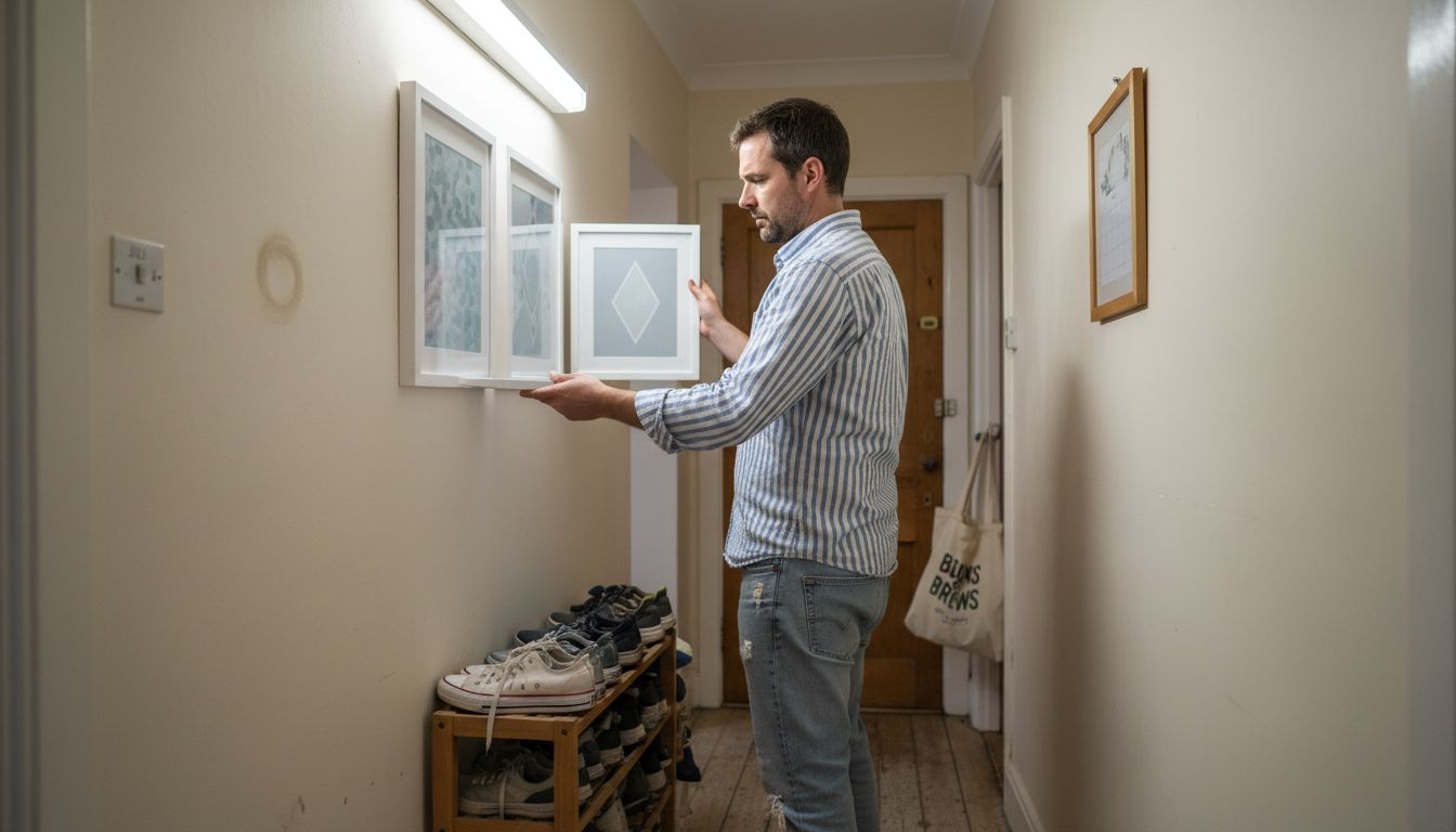 Man choosing art colors in small hallway