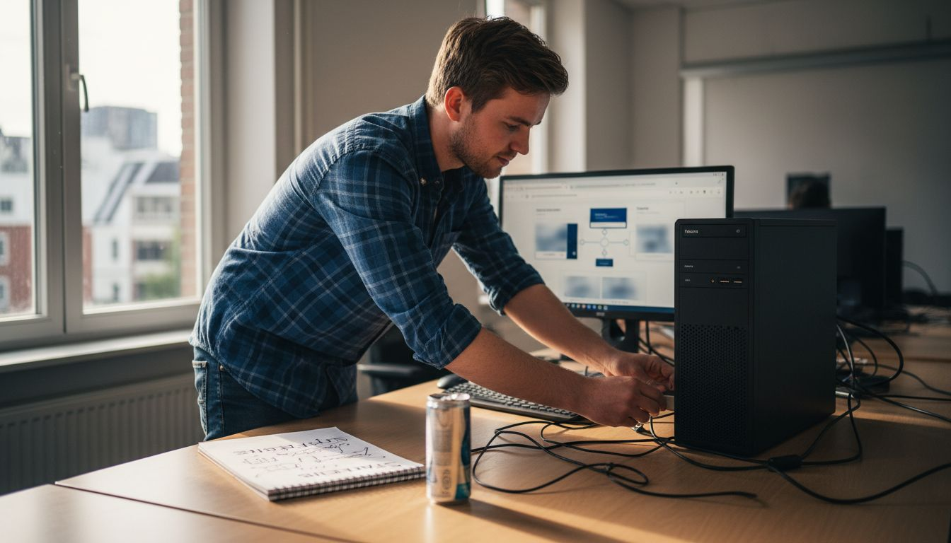 Een marketingprofessional houdt zich achter zijn bureau bezig met het beheren van advertentietags.