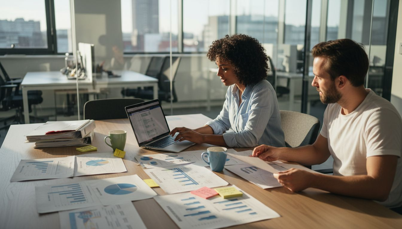 Analisten overleggen over de indeling van klantsegmenten in de werkomgeving.
