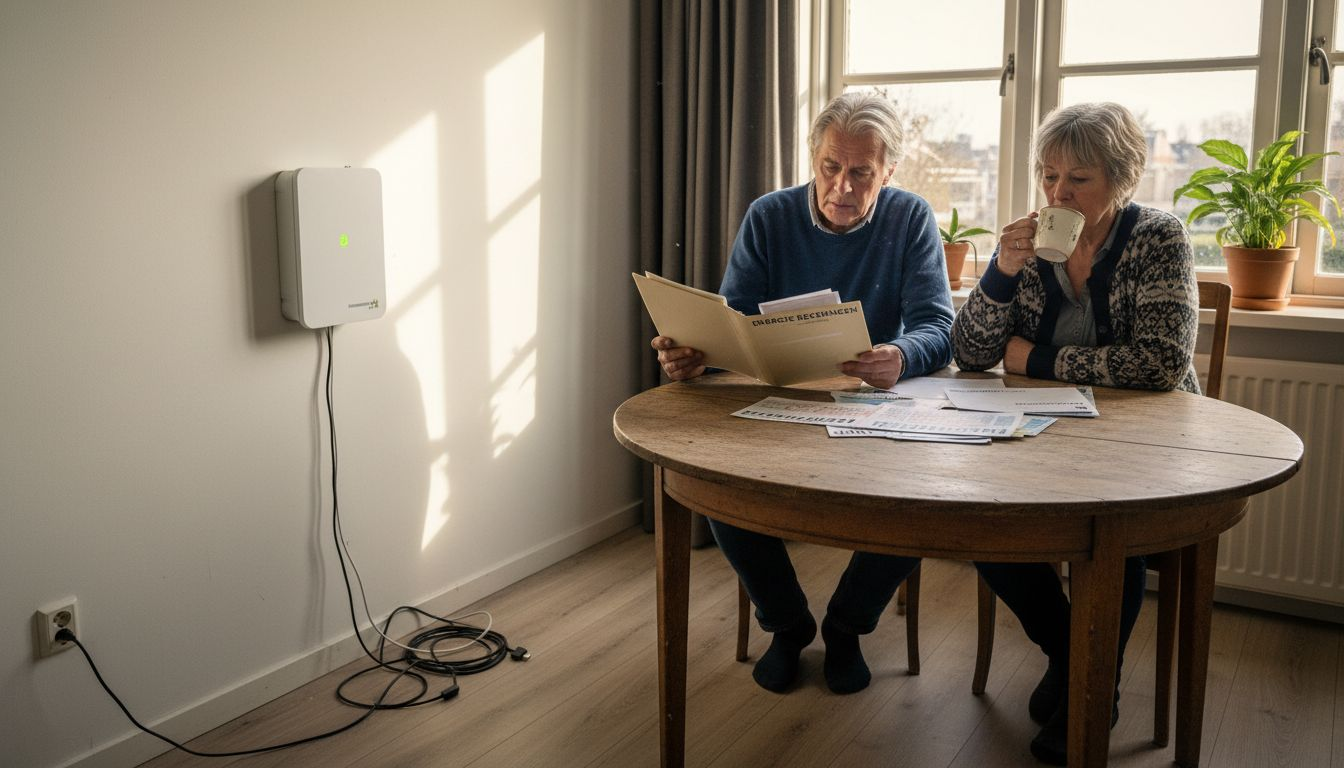 Een stel dat hun energiekosten beheert met behulp van een thuisbatterij die duidelijk zichtbaar is.