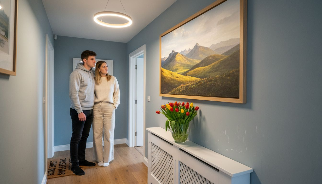 Kopers die landschapskunst in de gang overwegen